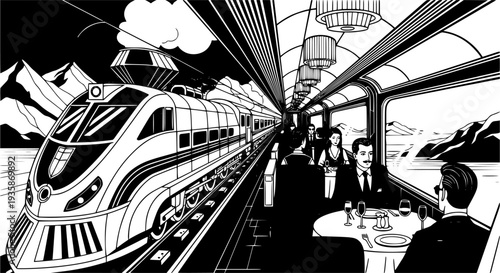 Neo-Deco Luxury Train Travel Vector Illustration, Black and White High-End Tourism
