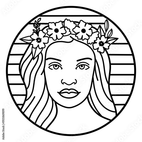 Woman face up front in a circle stroke