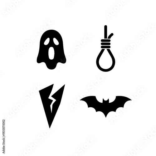 ghost, noose, lightning bolt, bat, halloween icons, spooky vector, horror design, gothic art, scary symbols, black silhouette 