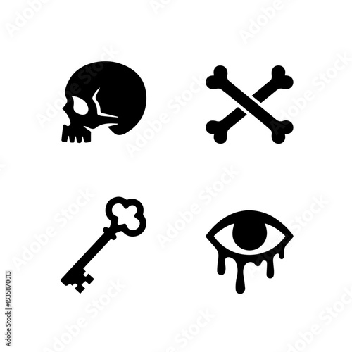 skull, crossed bones, old key, dripping eye, halloween icons, spooky vector, horror design, gothic art, scary symbols, black silhouette