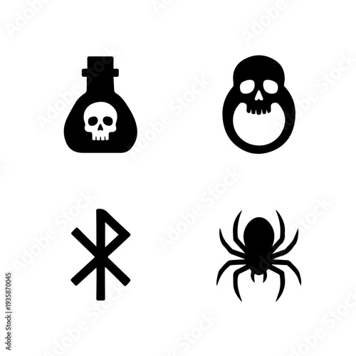 poison bottle, skull emblem, rune symbol, spider, halloween icons, spooky vector, horror design, gothic art, scary symbols, black silhouette —