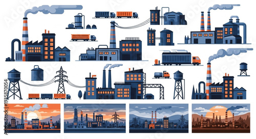 Collection of industrial factory buildings and power lines.
