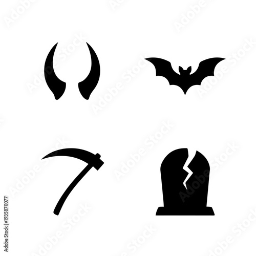 devil horns, bat, scythe, tombstone, halloween icons, spooky vector, horror design, gothic art, scary symbols, black silhouette —