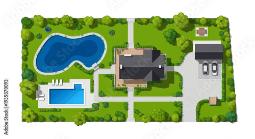 Aerial view of a luxury estate with a large pool and gardens