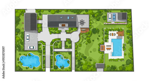 Aerial view of a luxury estate with a pool gardens and ponds