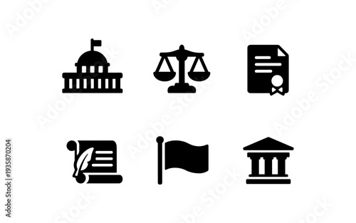 Collection of legal and governmental icons representing justice, law, and authority