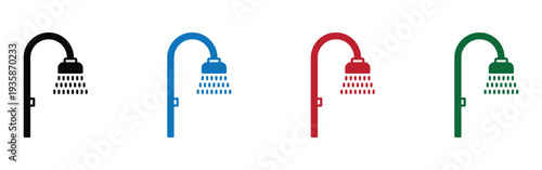 Four colored shower faucets with water drop icons for bathroom hygiene and eco-friendly concepts