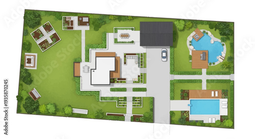 Aerial view of a modern house with a detailed landscape plan