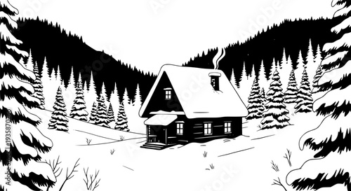 Cozy Mountain Cabin in Winter Forest Vector, Black and White Slow Travel Design
