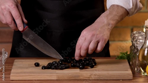A male chef slices black olives for a salad on a cutting board.