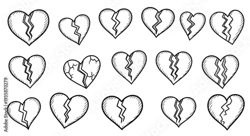 Collection of Hand Drawn Broken Heart Illustrations.