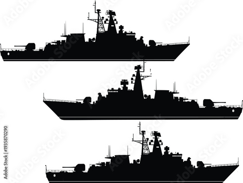 Military warship silhouette set, navy destroyer vessels collection, armed naval ships side view vector illustration isolated on background