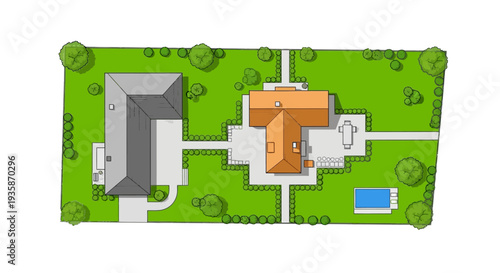 Aerial view of a house with a garden pool and driveway plan