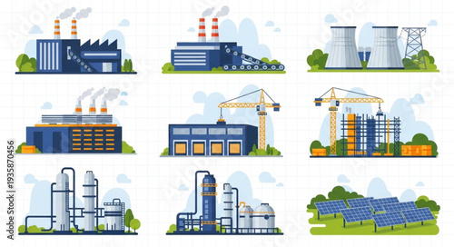 Collection of industrial factory buildings and power plants.