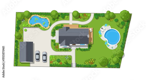 Aerial view of a luxury home with a garden and swimming pool