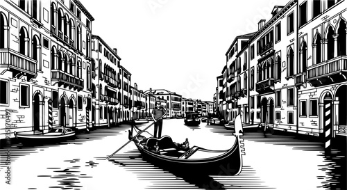 Venice Gondola on Canal Vector Illustration, Black and White Italy Travel Art
