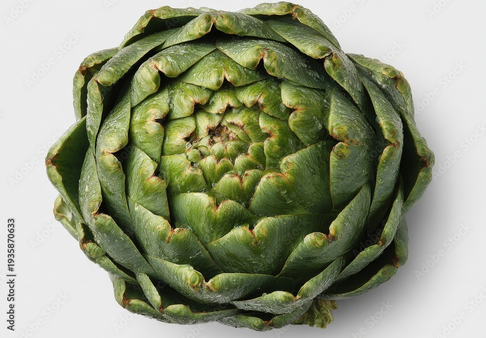 Obraz premium The entire green vegetable, featuring layered petals, shows a compact spiral centered against a clean white backdrop