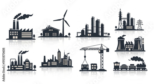 Collection of industrial cityscapes and factories with reflections.