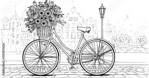 Bicycle with Flower Basket Vector Illustration, Black and White European City Travel
