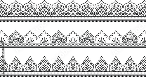 Three distinct horizontal border patterns showcase intricate Indian style mehndi inspired floral motifs