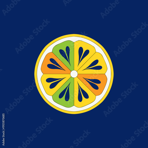 A colorful slice of citrus fruit on a blue background