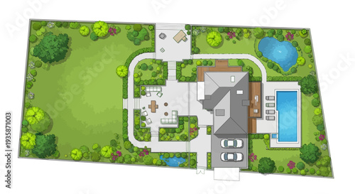 Architectural plan depicting a luxurious house and landscaped garden layout