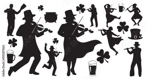 St patricks day silhouettes of irish musicians dancers and festive elementsSt patricks day silhouettes of irish musicians dancers and festive elements