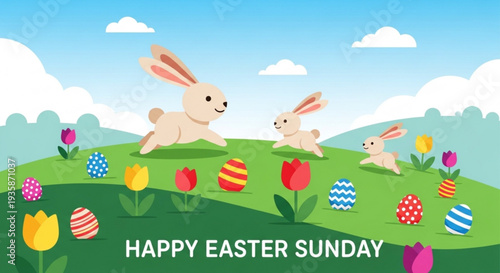 Three easter bunnies running on a green hill with colorful eggs and tulips on easter sunday