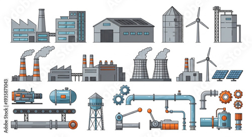 Collection of industrial factory buildings and machinery elements.