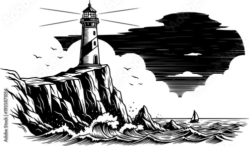 Lighthouse on Rocky Cliff Vector Illustration, Black and White Coastal Travel

