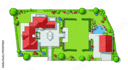 Aerial view of a detailed residential garden and house layout plan