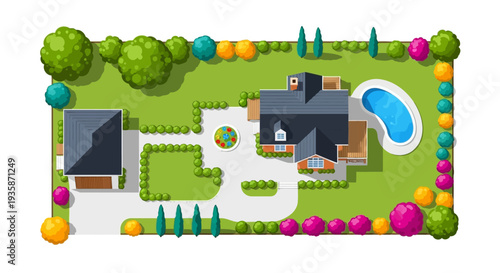 Aerial view of a house with a garden pool and surrounding landscaping