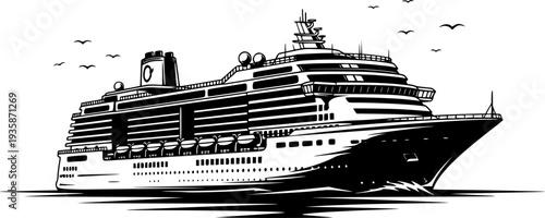 Luxury Cruise Ship on Ocean Flat Vector, Black and White Vacation Cruise Design
