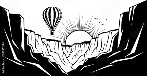 Hot Air Balloon Over Canyon Vector Illustration, Black and White Adventure Travel
