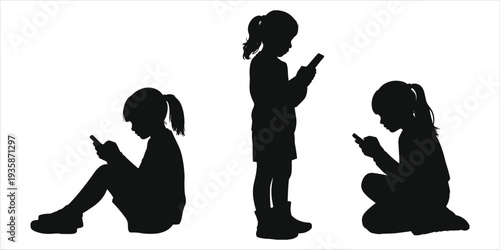 Silhouettes of three young girls engrossed in using mobile phones on white background children kids