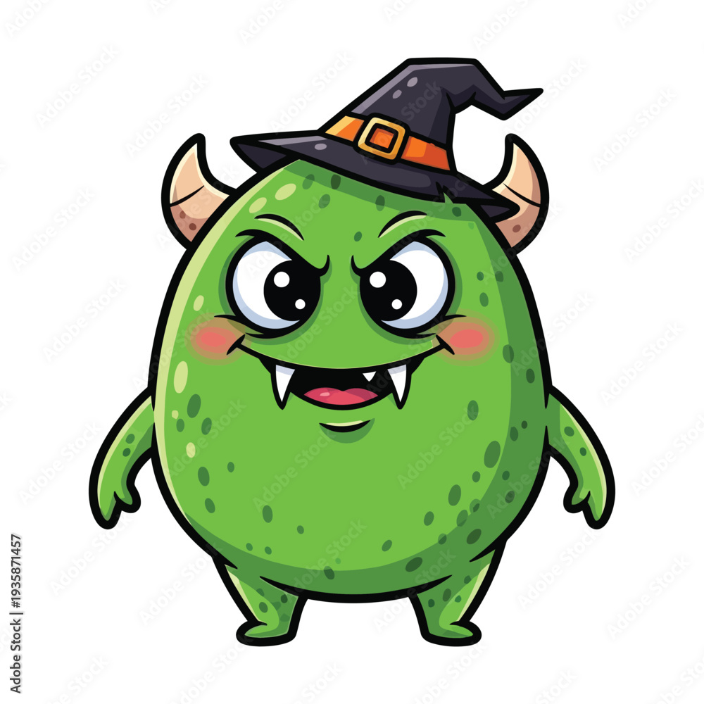 Obraz premium Cute Green Monster Alien With Witch Hat Halloween Clipart Illustration