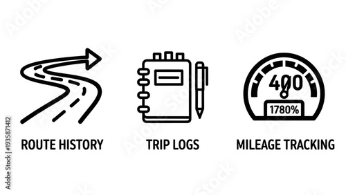 Navigation and Travel Tracking: Route History, Trip Logs, and Mileage Tracking Icons for Logistics and Transport Management