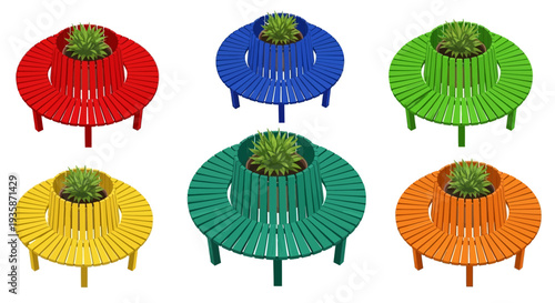 Colorful circular benches with integrated planters in a studio setting