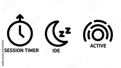 Session Timer, Sleep Mode, and Active Status Outline Icons for User Interface, Productivity, and Lifestyle Tracking Applications