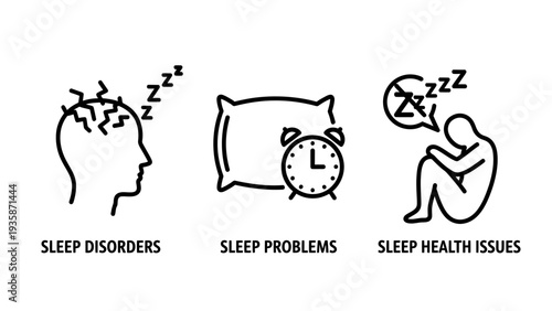 Sleep Disorders, Problems, and Health Issues Outline Icons Representing Insomnia and Rest Disturbance Concepts