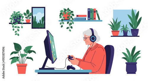 Senior woman using a computer surrounded by lush indoor plants