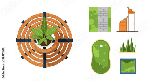 Aerial view of garden elements a wheel pond and building design