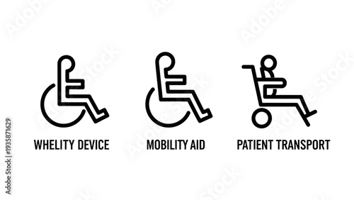 Medical Mobility and Patient Accessibility: Wheelchair, Transport Aid, and Disability Device Outline Icons for Healthcare and Inclusive Support.