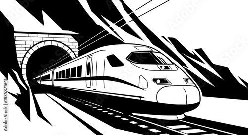 High-Speed Train and Mountain Tunnel Vector, Black and White Modern Rail Travel
