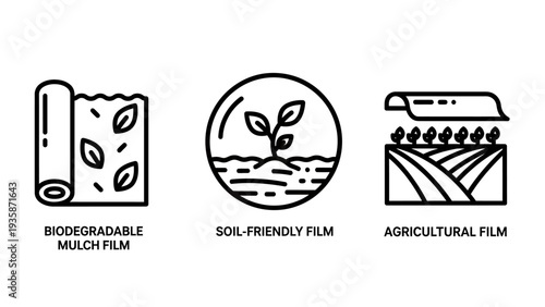Sustainable Agricultural Farming: Biodegradable Mulch Film, Soil-Friendly, and Crop Protection Line Icons