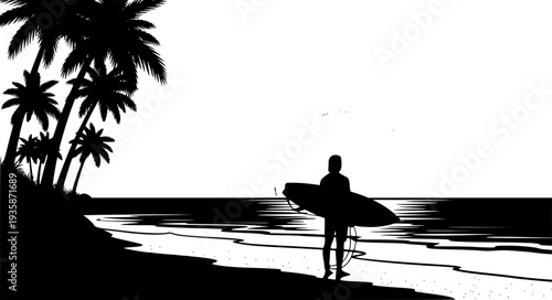 Surfer on Tropical Beach Silhouette Vector, Black and White Surfing Vacation Art
