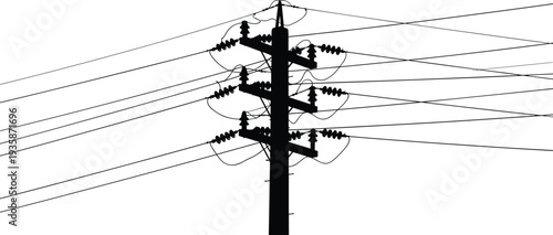Silhouette of a wooden utility pole with multiple power lines and insulators electricity overhead