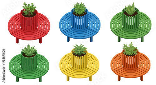 Colorful circular benches with integrated planters in a studio setting