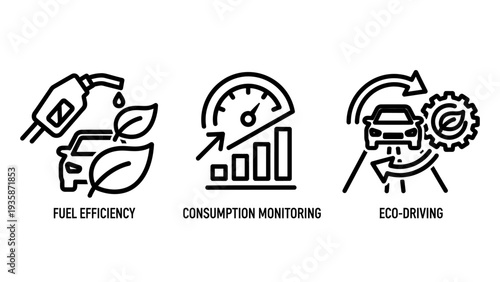 Automotive Eco-Efficiency, Consumption Monitoring, and Sustainable Driving Line Icons