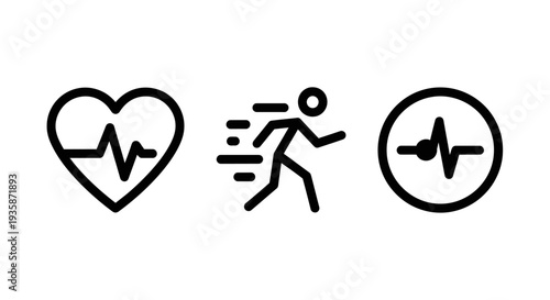 Health, Fitness, Running Activity, and Heart Rate Monitoring Line Icons